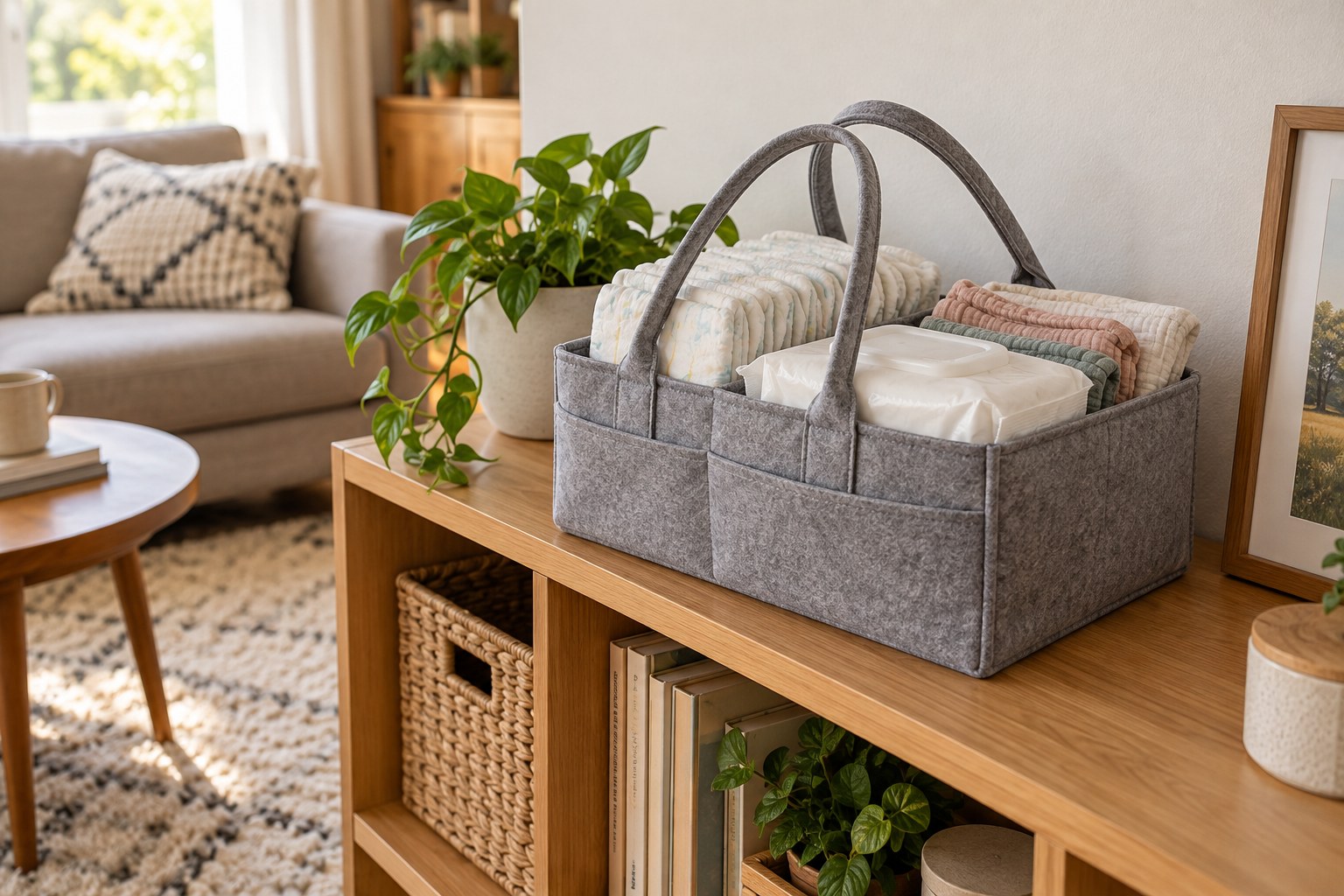 Handled caddy holding diapers, wipes and folded cloths