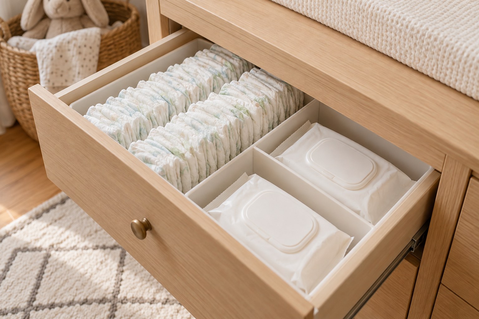 Diapers and sealed wipes arranged in a drawer