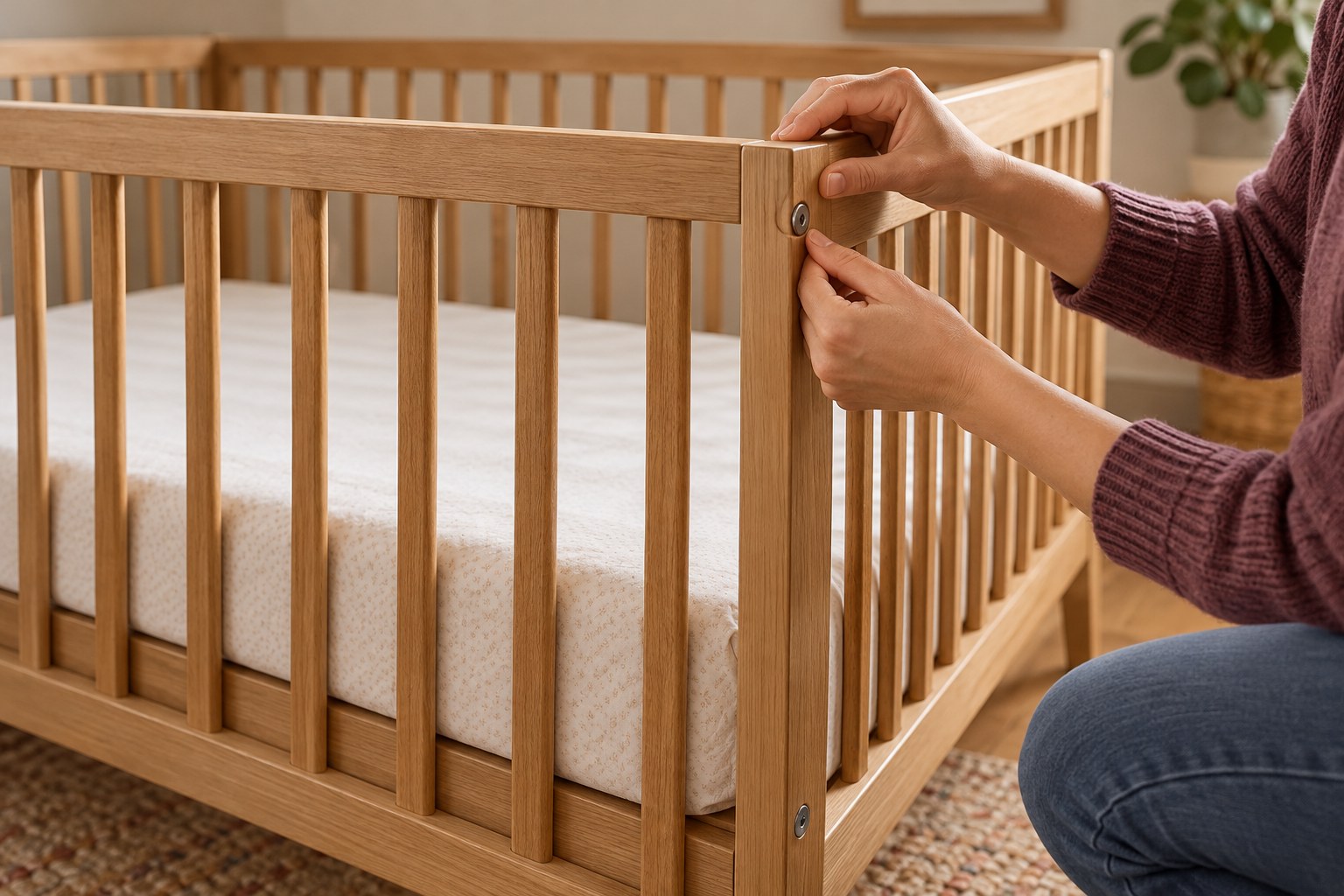 Adult hands inspecting the corner hardware of an empty crib