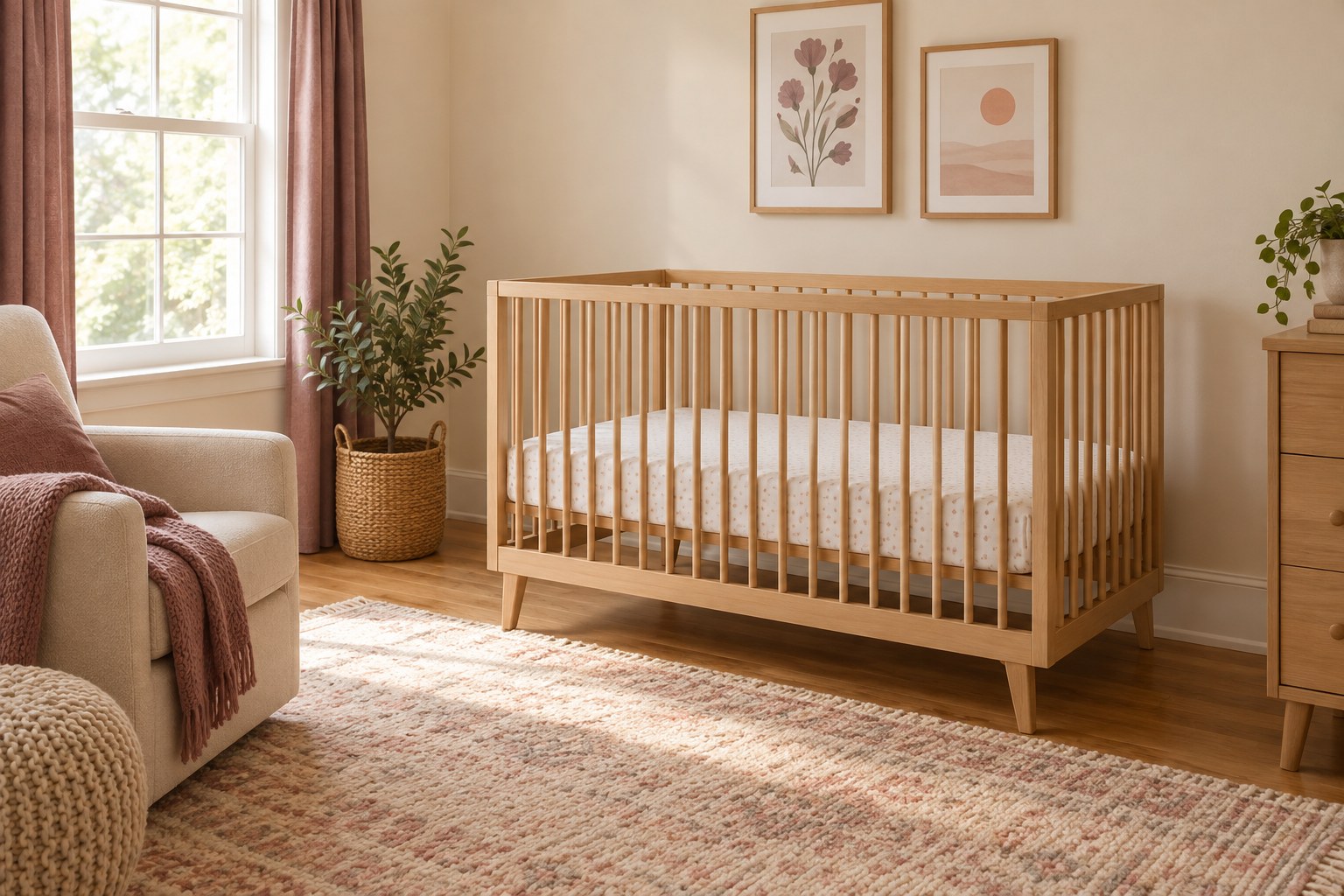 Empty crib with a fitted sheet in a nursery