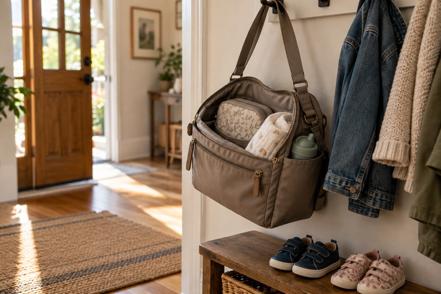Compact shoulder bag hanging beside the front door