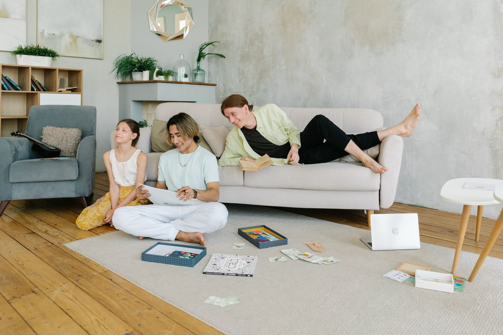 A happy family in the living room together