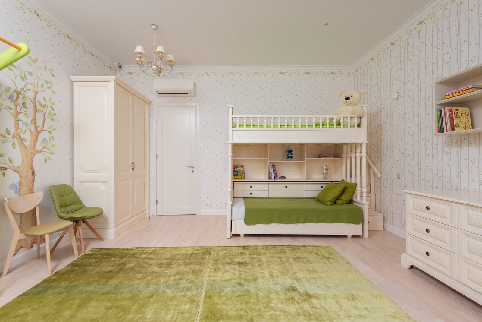 Interior of modern bedroom with shelves