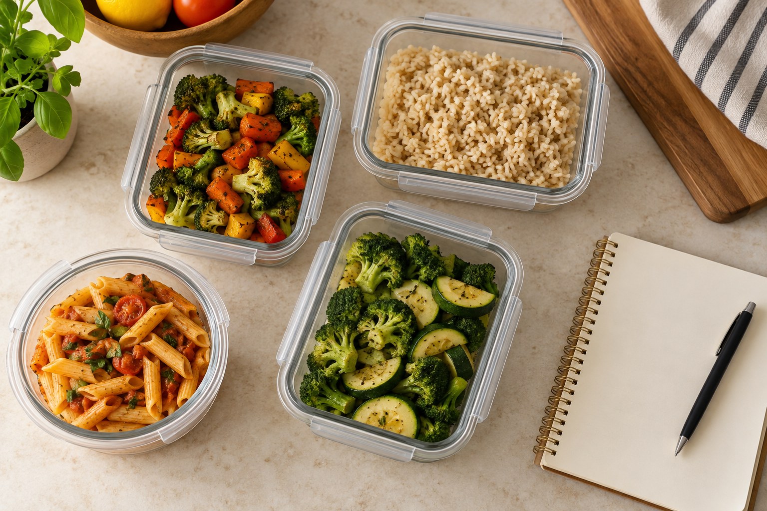 Food containers and a notebook on a kitchen counter