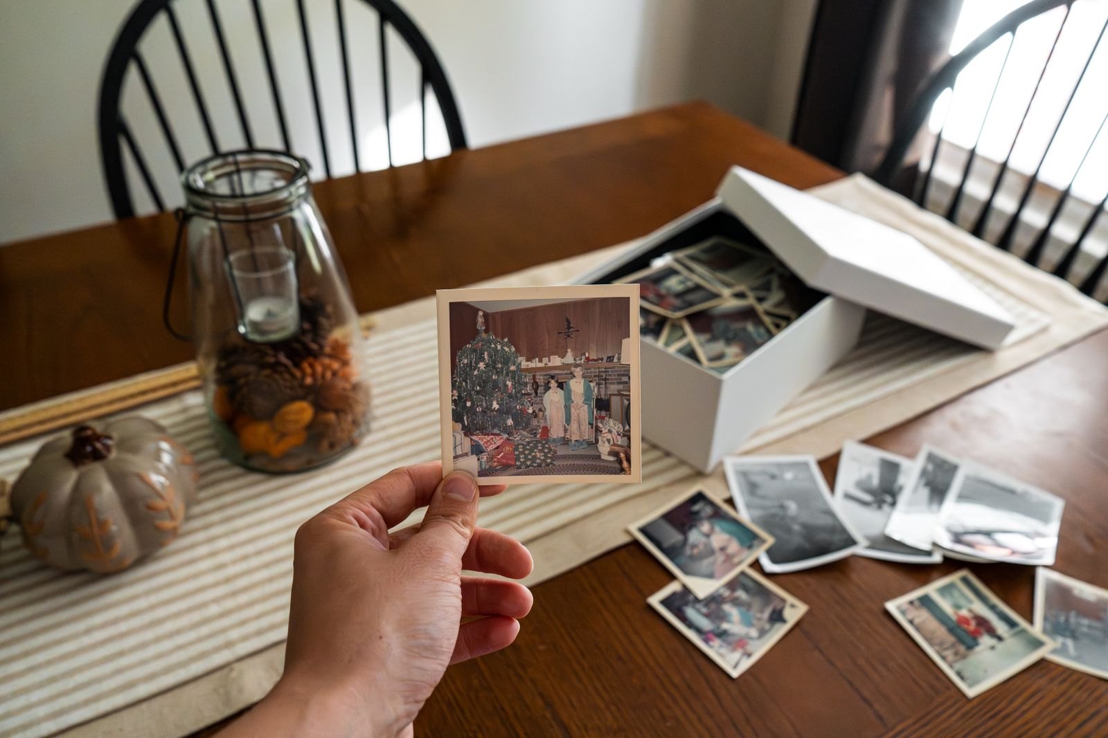 Vintage family photo collection on a table
