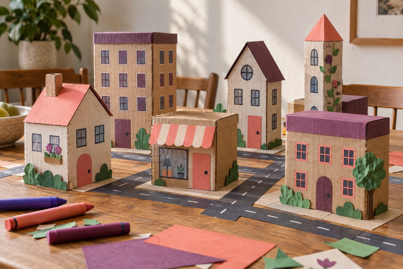 Miniature cardboard buildings and paper roads on a dining table