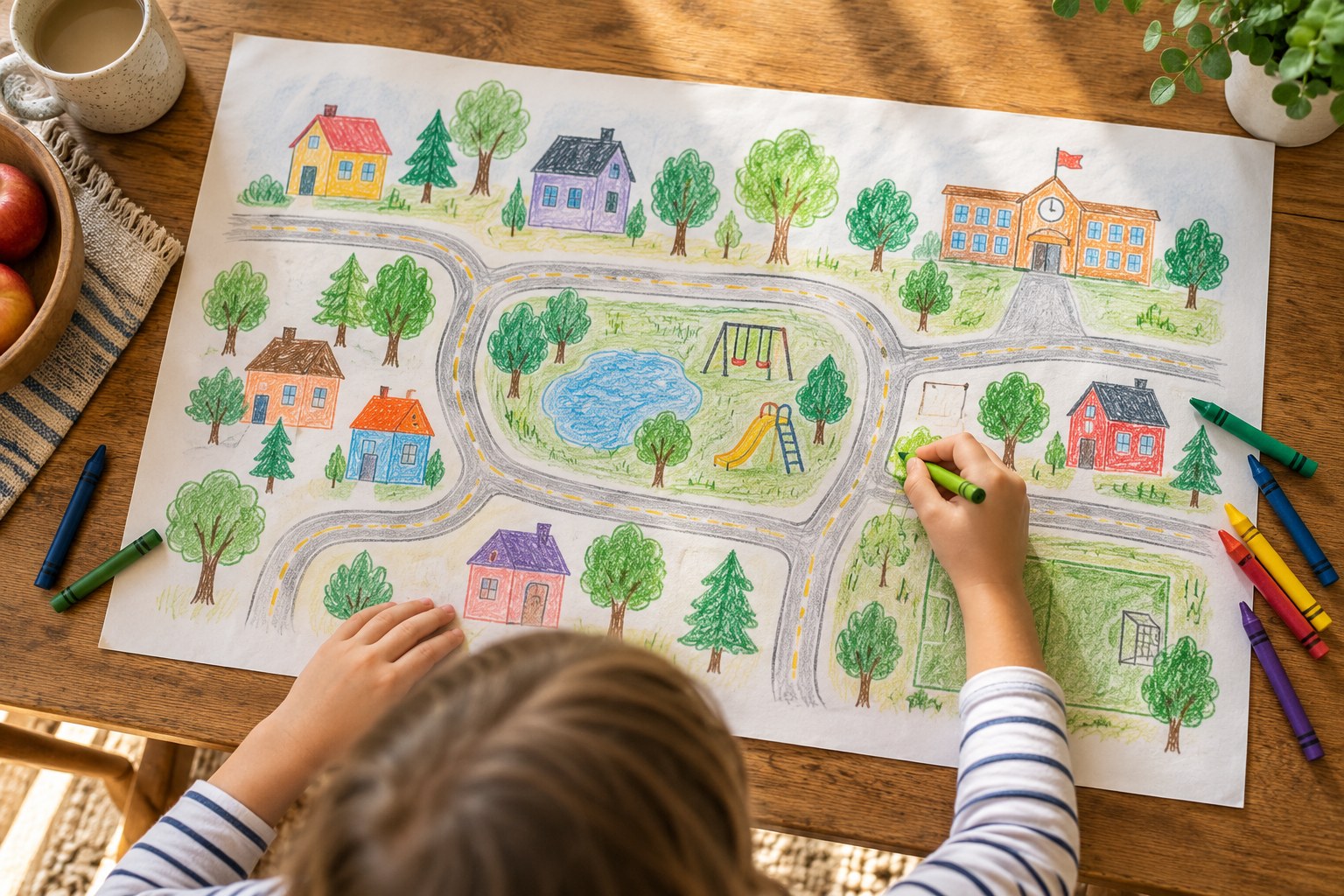 Child drawing a map of a neighborhood