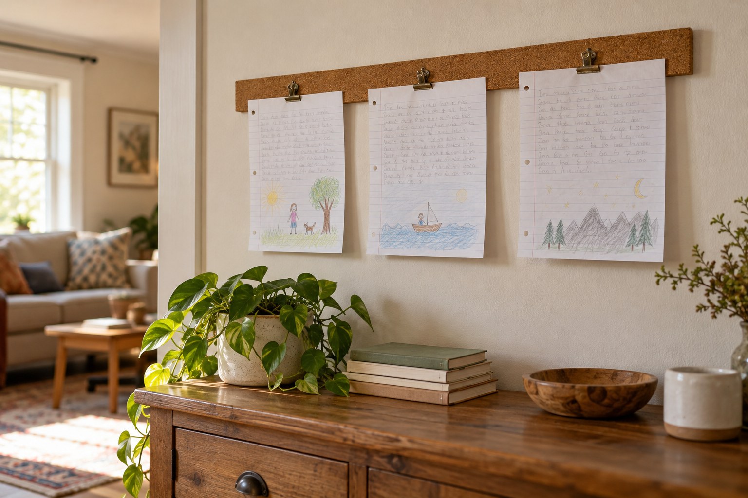 Children's handwritten stories clipped to a wall display