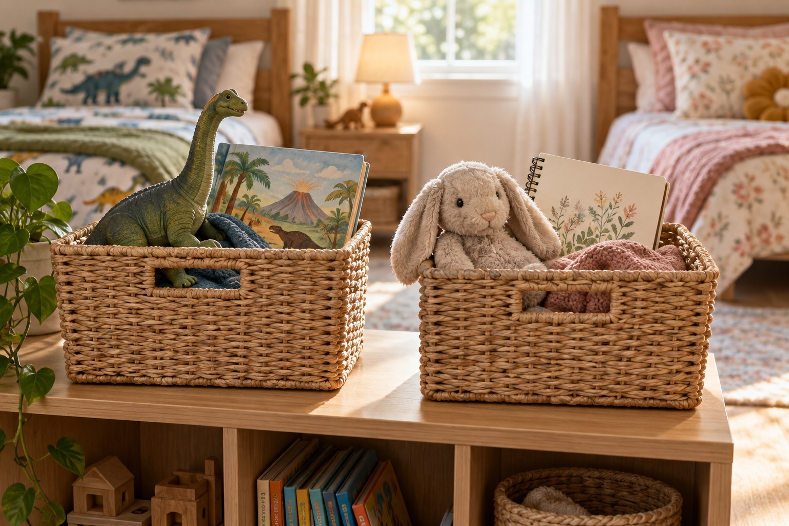 Separate personal baskets in a shared children's bedroom