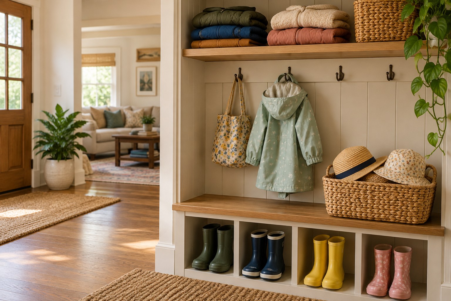 Rain boots, hats and jackets organized in a hallway