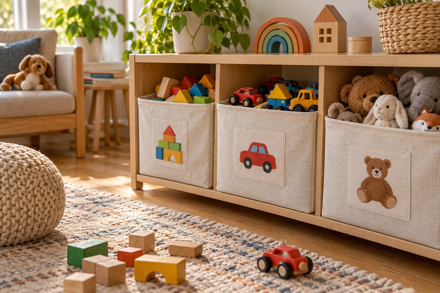 Toy storage bins with picture labels