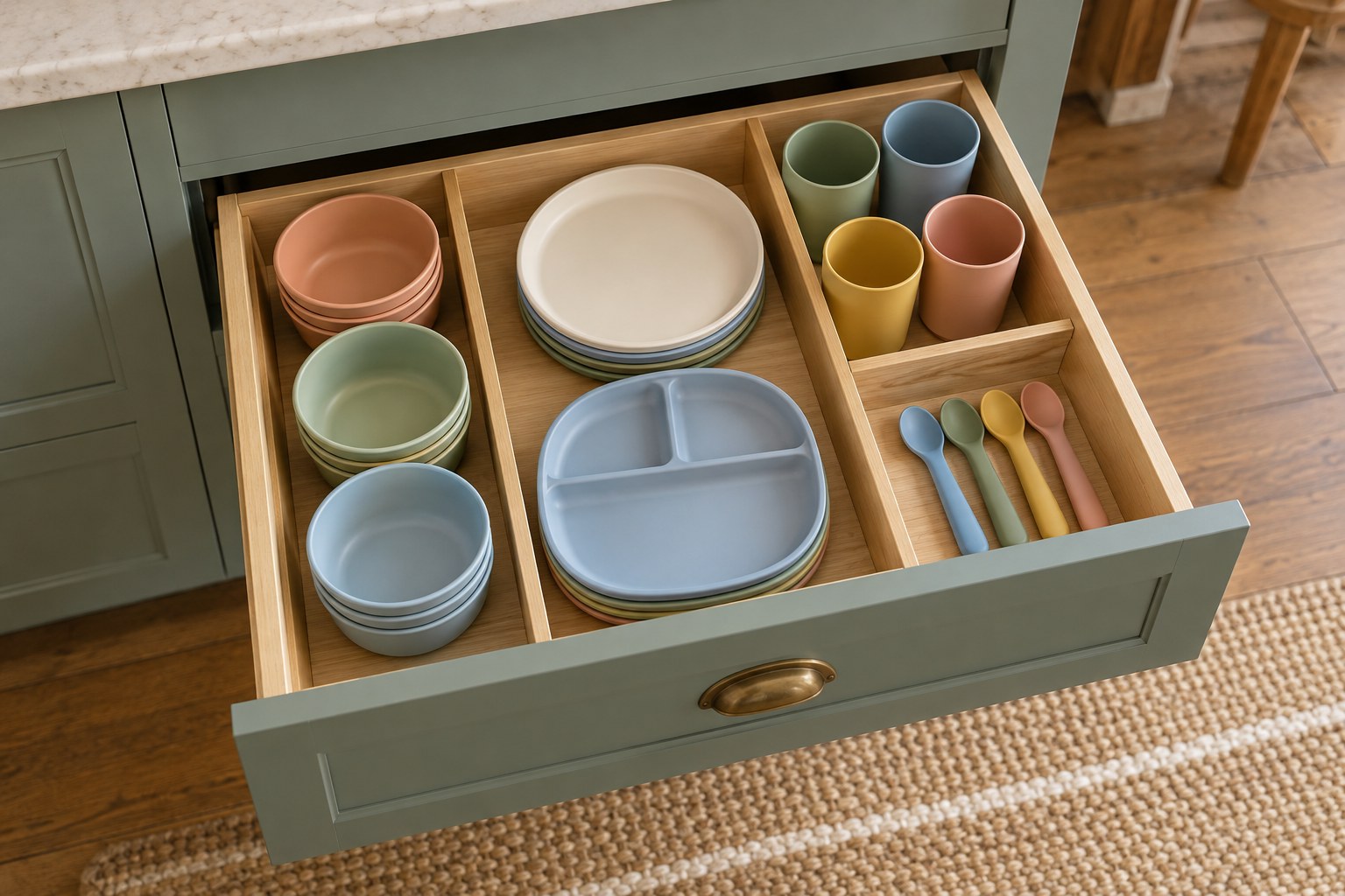 Child-size dishes and utensils arranged in a low drawer