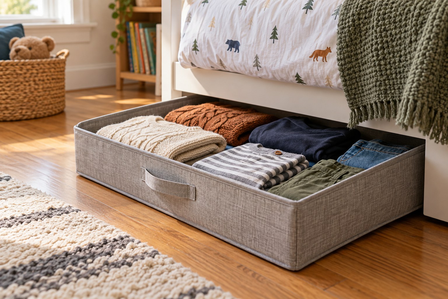 Folded clothes inside an under-bed storage box