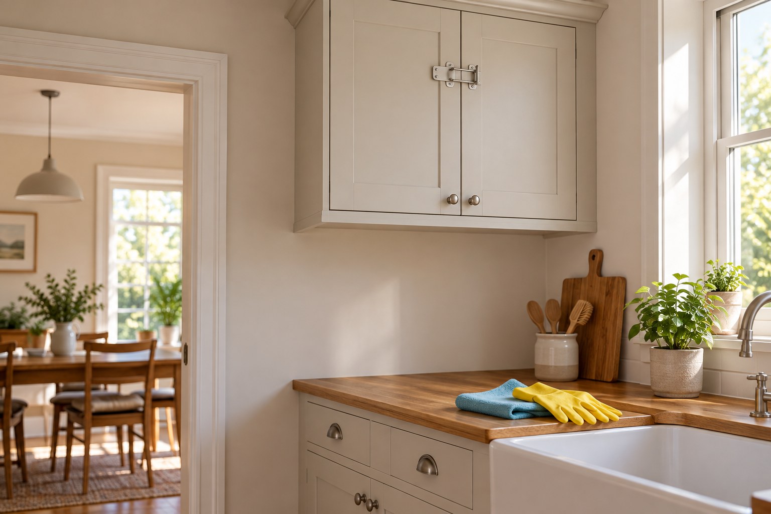 Closed upper utility cupboard with a latch