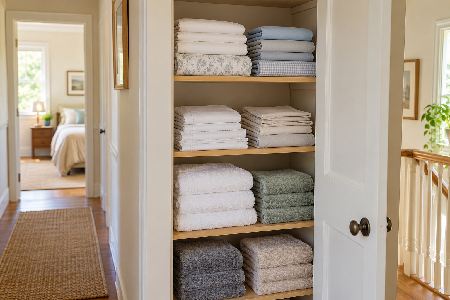 Sheets and towels arranged on linen cupboard shelves